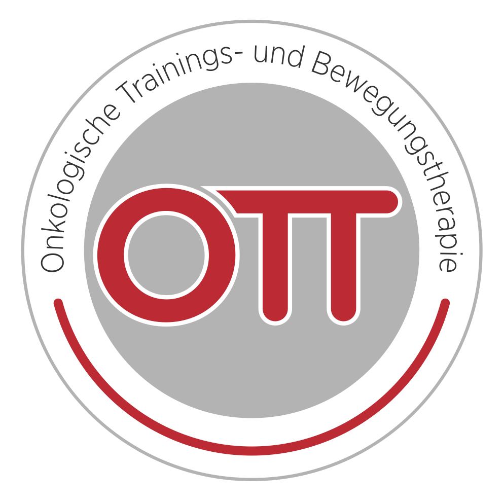 OTT®-Logo mit der Aufschrift „Onkologische Trainings- und Bewegungstherapie“ in kreisförmiger Anordnung um die rote Abkürzung „OTT“ auf grauem Hintergrund.